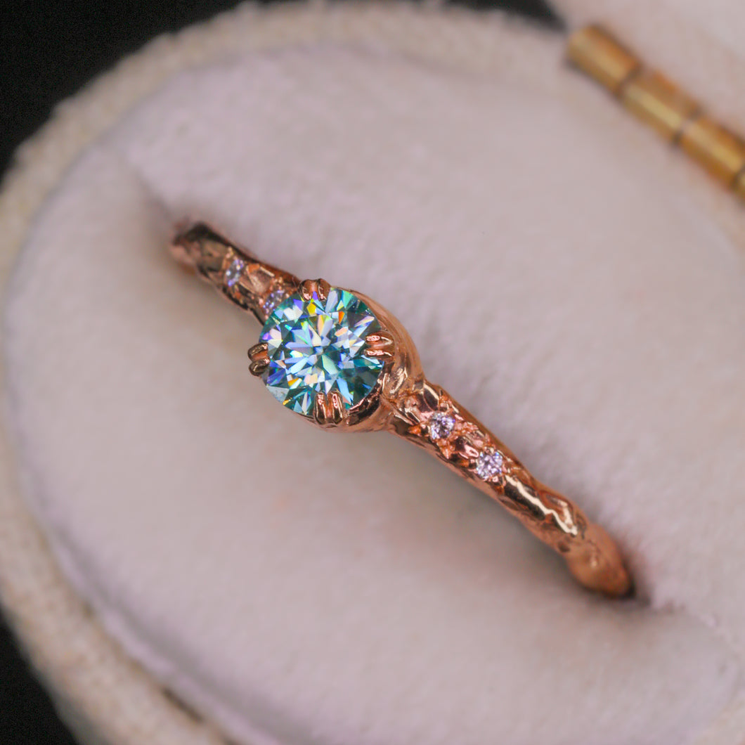 Magnolia ring  petite round with teal moissanite (made to order)