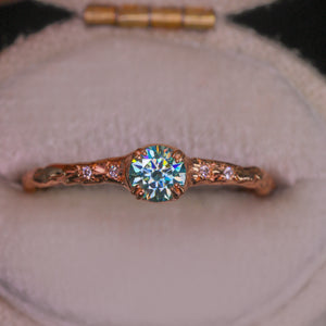 Magnolia ring  petite round with teal moissanite (made to order)