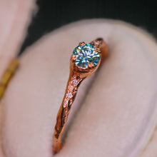 Load image into Gallery viewer, Magnolia ring  petite round with teal moissanite (made to order)