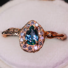 Load image into Gallery viewer, Valkyrie: 14K rose gold teal sapphire &amp; diamond halo ring