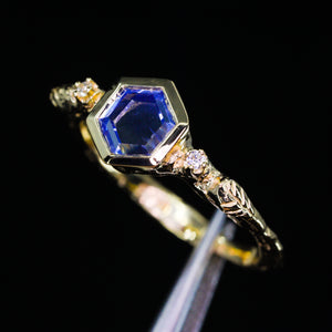 Epiphany: 14k blue sapphire leaf 3-stone ring