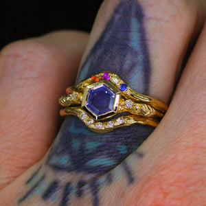 Epiphany: 14k blue sapphire leaf 3-stone ring