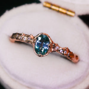 Dahlia ring: 14K rose gold teal sapphire ring (ooak)