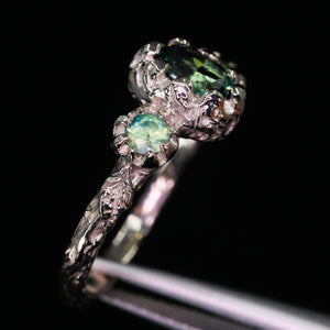 Enchanted Forest ring: 14k white gold & teal sapphires (OOAK)