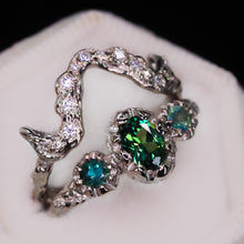 Load image into Gallery viewer, Enchanted Forest ring: 14k white gold &amp; teal sapphires (OOAK)