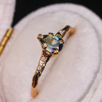 Magnolia ring: 14k yellow gold & teal sapphire ring (OOAK)