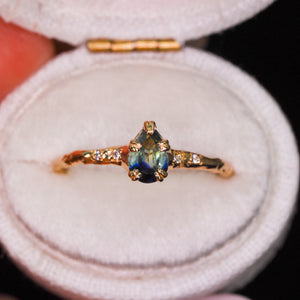 Magnolia ring: 14k yellow gold & teal sapphire ring (OOAK)