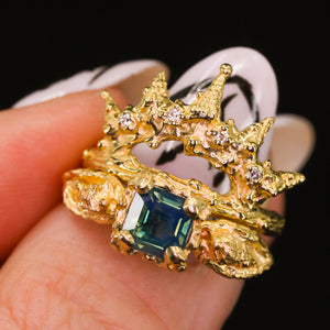 Siren ring set: 14k opalescent teal sapphire mermaid set (OOAK)