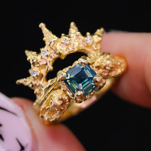 Siren ring set: 14k opalescent teal sapphire mermaid set (OOAK)