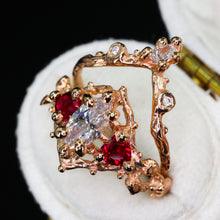 Load image into Gallery viewer, Rosavellum: 14k rose gold lab diamond and ruby matching ring set (ooak)