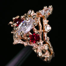 Load image into Gallery viewer, Rosavellum: 14k rose gold lab diamond and ruby matching ring set (ooak)