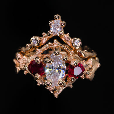 Rosavellum: 14k rose gold lab diamond and ruby matching ring set (ooak)