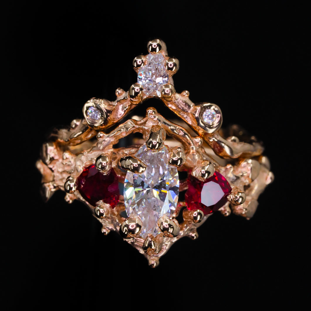 Rosavellum: 14k rose gold lab diamond and ruby matching ring set (ooak)