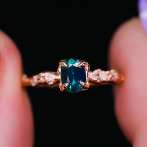 "Calla": 14k rose gold teal sapphire & diamond ring (ooak)