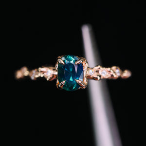 "Calla": 14k rose gold teal sapphire & diamond ring (ooak)