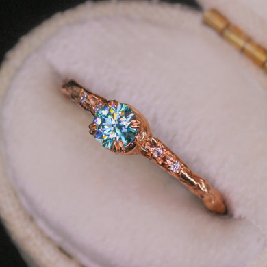 Magnolia ring with teal moissanite (made to order)