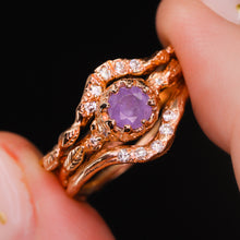 Load image into Gallery viewer, &quot;Anastasia&quot;: 14k rose gold sapphire and diamond leaf ring (ooak)