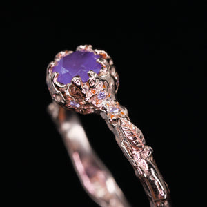 "Anastasia": 14k rose gold sapphire and diamond leaf ring (ooak)