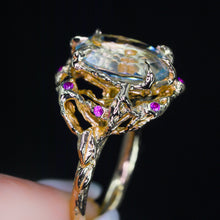 Load image into Gallery viewer, Eros and Aphrodite ring (14k aquamarine and sapphire; OOAK)