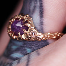 Load image into Gallery viewer, &quot;Kira&quot;: one of a kind hand-carved 14K apricot gold sapphire &amp; diamond crown ring