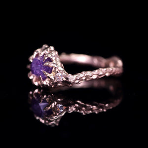 "Kira": one of a kind hand-carved 14K apricot gold sapphire & diamond crown ring