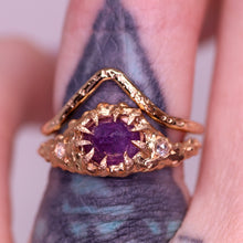 Load image into Gallery viewer, &quot;Kira&quot;: one of a kind hand-carved 14K apricot gold sapphire &amp; diamond crown ring