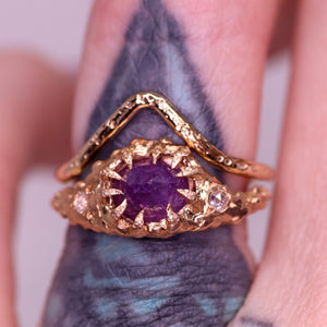"Kira": one of a kind hand-carved 14K apricot gold sapphire & diamond crown ring