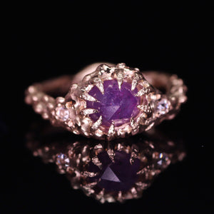 "Kira": one of a kind hand-carved 14K apricot gold sapphire & diamond crown ring
