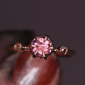 "Astara": 14K rose gold sapphire engagement (or fancy right hand) ring; size 6