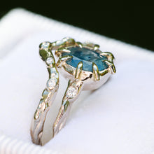 Load image into Gallery viewer, Wisteria ring: 3-stone Montana sapphire in 14K palladium white gold