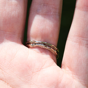 Wisteria ring: 3-stone Montana sapphire in 14K palladium white gold