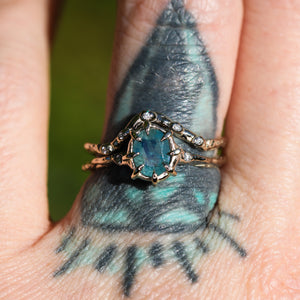 Wisteria ring: 3-stone Montana sapphire in 14K palladium white gold