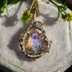 The Wildflower: 14K gold, Australian opal and diamond pendant