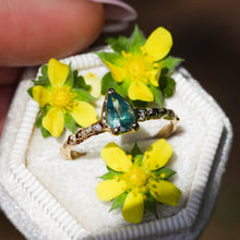 Load image into Gallery viewer, Azalea: 14k yellow gold &amp; pear teal opalescent sapphire ring
