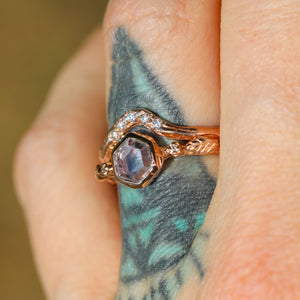 Epiphany: 14k rose gold and pink sapphire leaf 3-stone ring