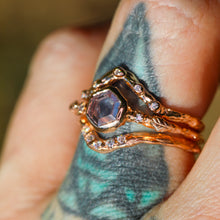 Load image into Gallery viewer, Epiphany: 14k rose gold and pink sapphire leaf 3-stone ring