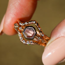 Load image into Gallery viewer, Epiphany: 14k rose gold and pink sapphire leaf 3-stone ring