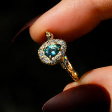 Load image into Gallery viewer, Valkyrie: 14K teal sapphire and grey diamond halo ring