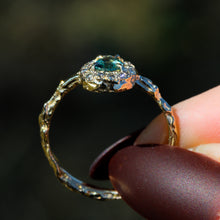 Load image into Gallery viewer, Valkyrie: 14K teal sapphire and grey diamond halo ring