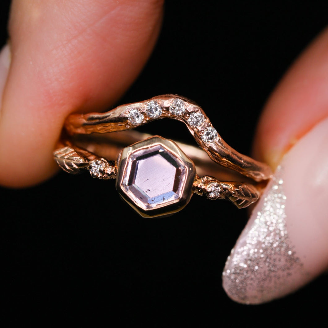 Epiphany: 14k rose gold and pink sapphire leaf 3-stone ring