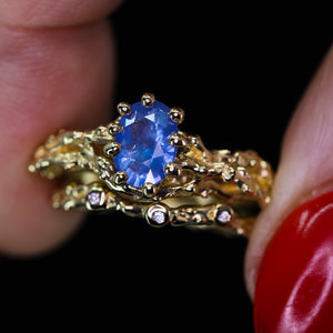 "Reverie" 14k periwinkle/blue opalescent sapphire & diamond ring set