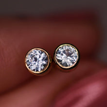 Load image into Gallery viewer, &quot;Versailles&quot;: 14K yellow gold blue Montana sapphire earrings with threaded posts/backs (~0.35 ct)