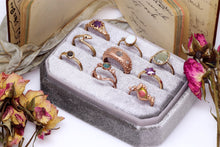 Load image into Gallery viewer, &quot;Kira&quot;: one of a kind hand-carved 14K apricot gold sapphire &amp; diamond crown ring