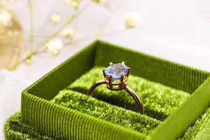 One of a kind and ready to ship: 14K rose gold & pastel blue unheated Umba sapphire (stylized photo in white gift box (forest green gift box is included with our engagement rings))