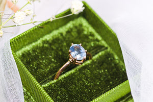 One of a kind and ready to ship: 14K rose gold & pastel blue unheated Umba sapphire (stylized photo in white gift box (forest green gift box is included with our engagement rings))