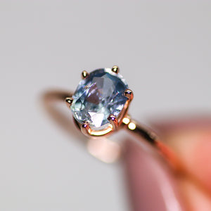 One of a kind and ready to ship: 14K rose gold & pastel blue unheated Umba sapphire (macro close-up of the sapphire)