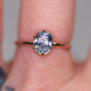 One of a kind and ready to ship: 14K rose gold & pastel blue unheated Umba sapphire (modeled on a finger)