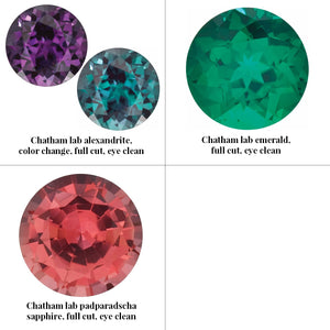 Group photo divided into 4 squares (only 3 gemstones on this photo). From top left: Chatham lab grown alexandrite, color change (from deeper violet to teal/green), full cut, eye clean. Top right: Chatham lab grown emerald, full cut, eye clean. Bottom left: Chatham lab grown padparadscha sapphire, full cut, eye clean.