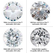 Load image into Gallery viewer, Group photo divided into 4 squares. From top left: white rosecut ForeverOne moissanite, DEF color. Top right: old Euro-cut ForeverOne moissanite, DEF color. Bottom left: white full-cut ForeverOne moissanite, DEF color. Bottom right: natural white sapphire, AA quality, full cut, eye clean.