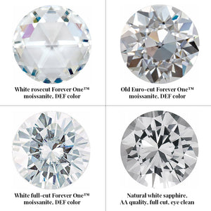 Group photo divided into 4 squares. From top left: white rosecut ForeverOne moissanite, DEF color. Top right: old Euro-cut ForeverOne moissanite, DEF color. Bottom left: white full-cut ForeverOne moissanite, DEF color. Bottom right: natural white sapphire, AA quality, full cut, eye clean.